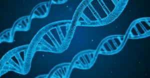 decorative image of DNA against a blue background and represented in blue colors